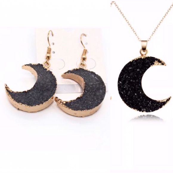 Jewelry - Black Druzy Moon Necklace & Earrings NWT